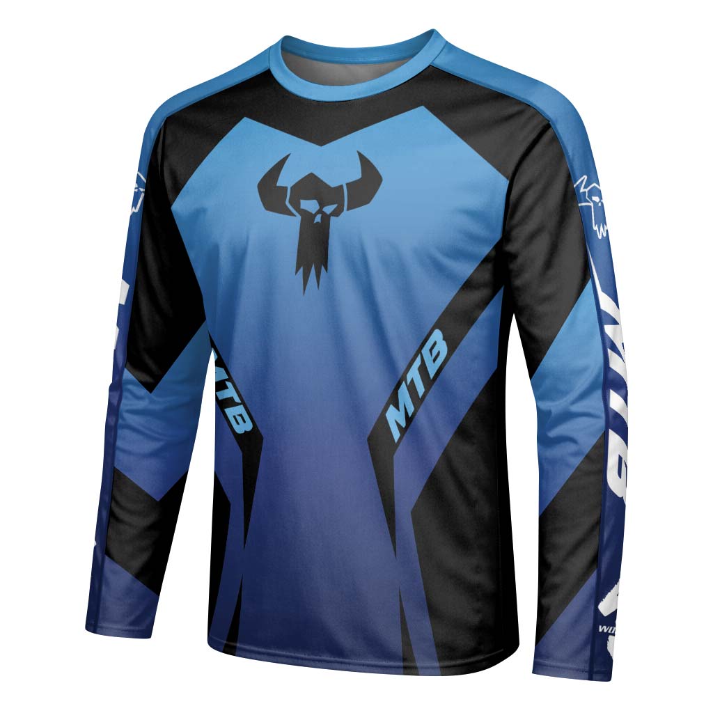 MTB Forge Blue Black Racing Long Sleeve Mountain Bike Jersey – Left Side View Mockup