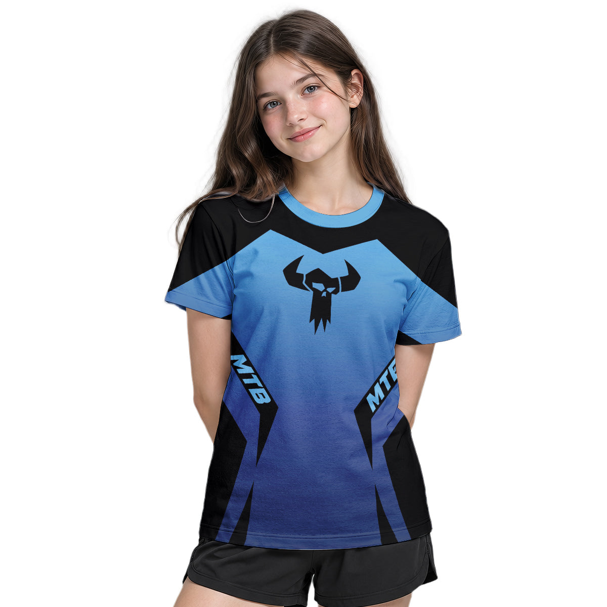 MTB Forge Blue Black Racing Youth Short Sleeve Mountain Bike Jersey – Girl Lifestyle View
