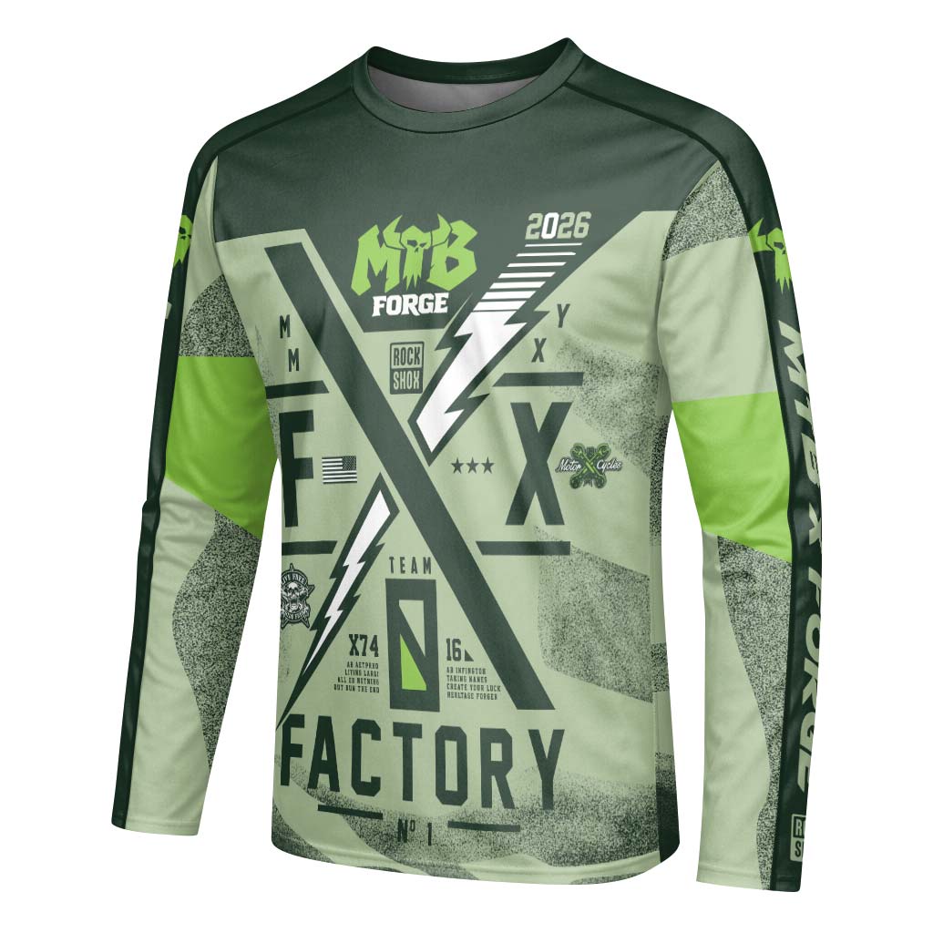 MTB Forge Factory Green Youth Long Sleeve Mountain Bike Jersey – Left Side View Mockup