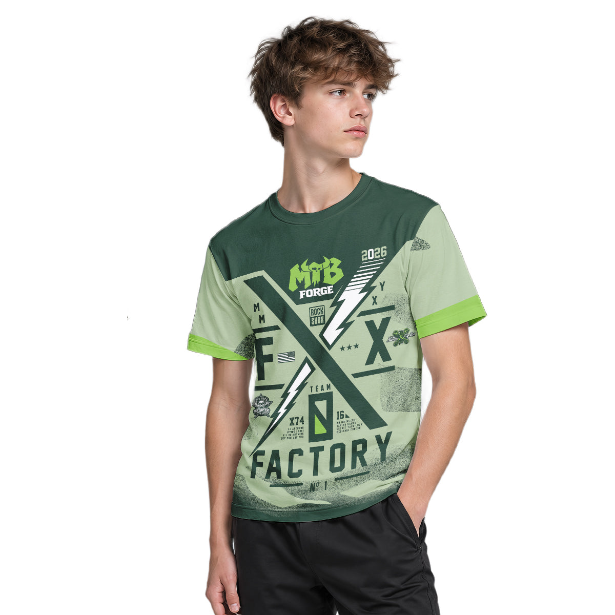 MTB Forge Factory Green Youth Short Sleeve Mountain Bike Jersey – Boy Lifestyle View