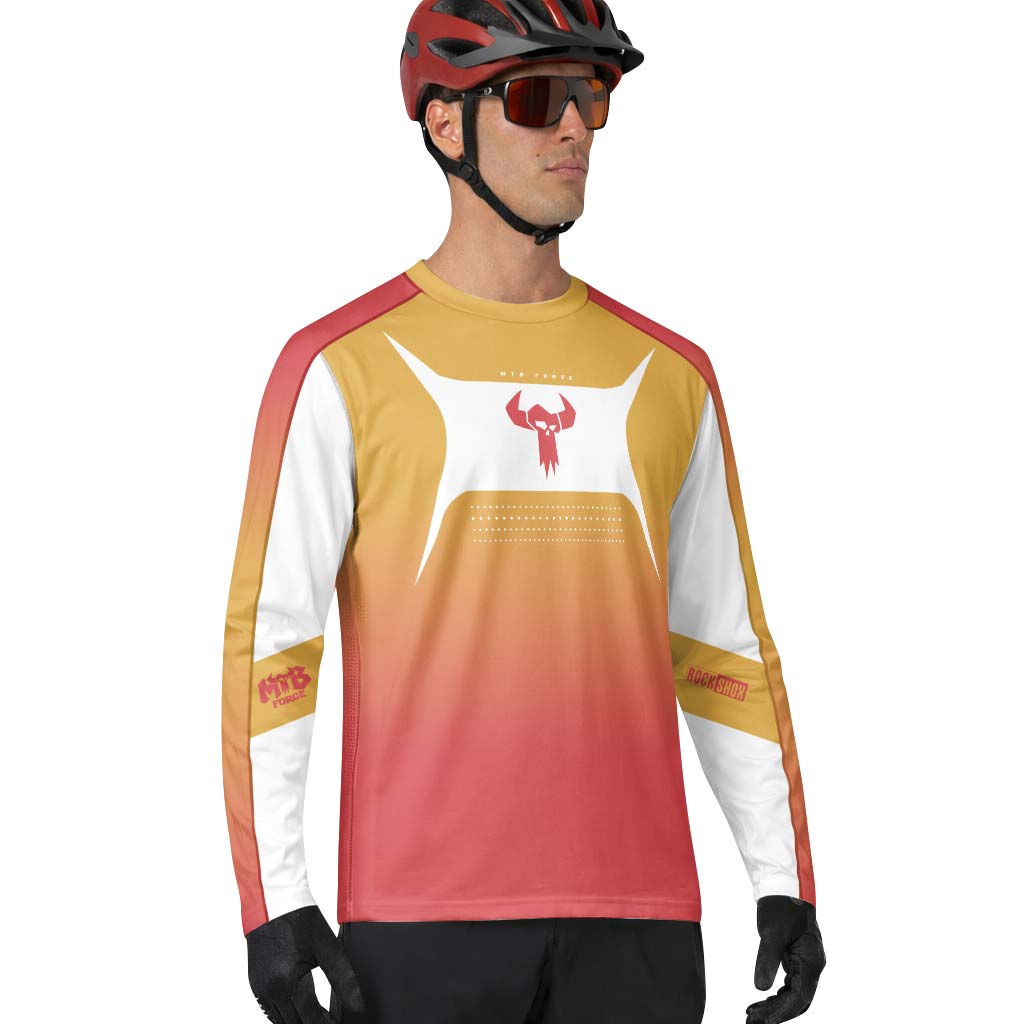 MTB Forge Gold Red Gradient Long Sleeve Mountain Bike Jersey – Lifestyle View