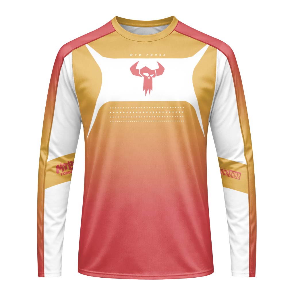 MTB Forge Gold Red Gradient Long Sleeve Mountain Bike Jersey – Front View Mockup