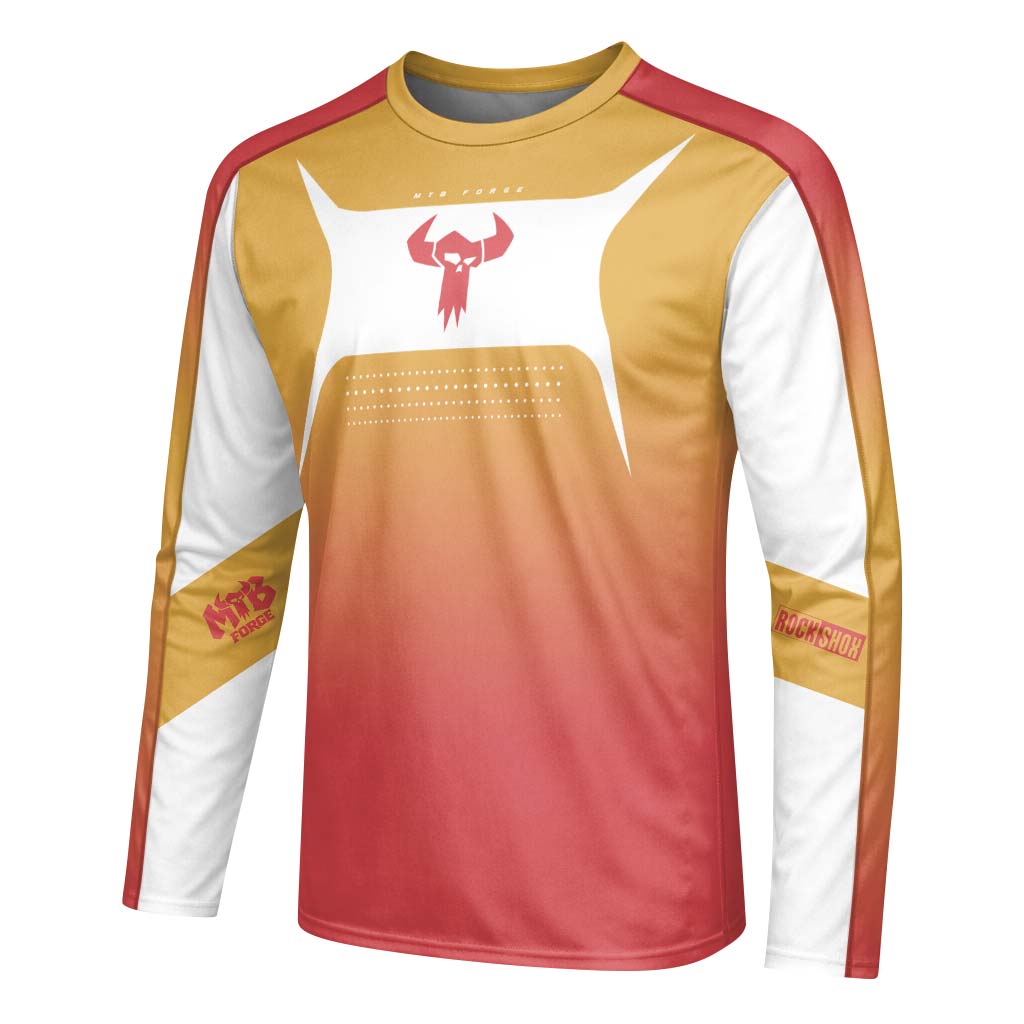 MTB Forge Gold Red Gradient Long Sleeve Mountain Bike Jersey – Left Side View Mockup