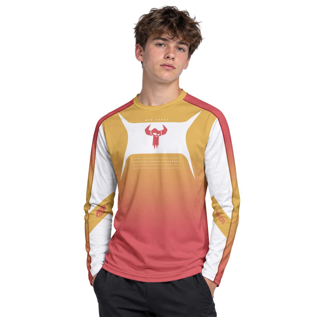 MTB Forge Gold Red Gradient Youth Long Sleeve Mountain Bike Jersey – Boy Lifestyle View