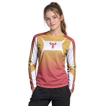 MTB Forge Gold Red Gradient Youth Long Sleeve Mountain Bike Jersey – Girl Lifestyle View