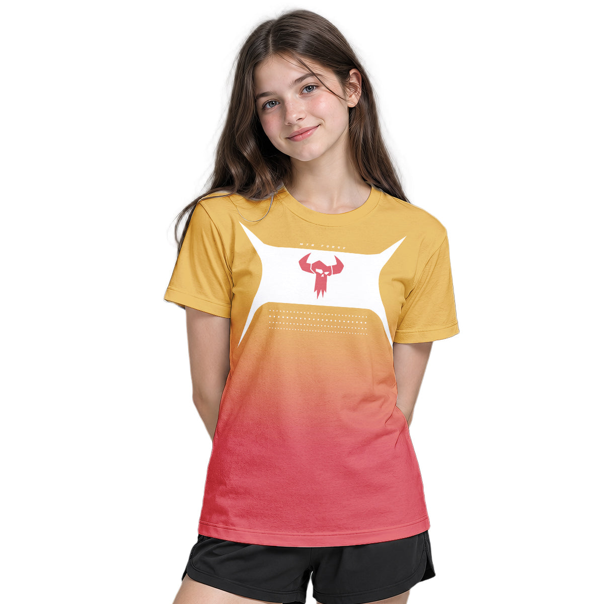 MTB Forge Gold Red Gradient Youth Short Sleeve Mountain Bike Jersey – Girl Lifestyle View