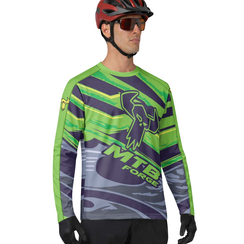 MTB Forge Green Purple Graphic Long Sleeve Mountain Bike Jersey – Lifestyle View