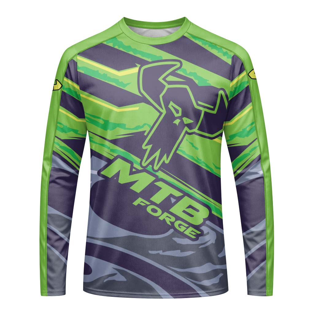 MTB Forge Green Purple Graphic Long Sleeve Mountain Bike Jersey – Front View Mockup