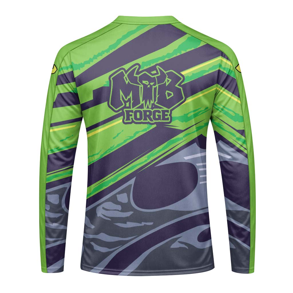 MTB Forge Green Purple Graphic Long Sleeve Mountain Bike Jersey – Back View Mockup