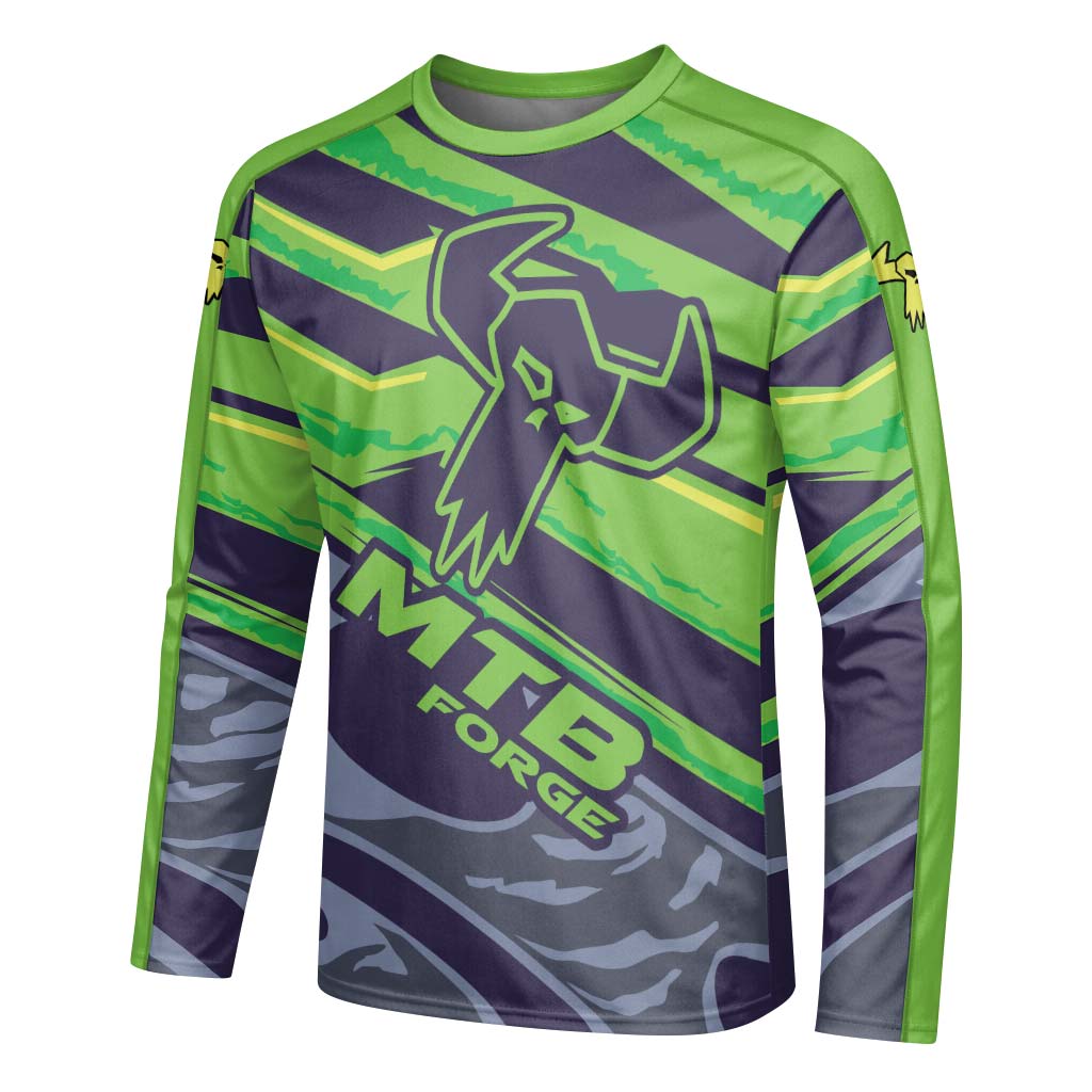 MTB Forge Green Purple Graphic Long Sleeve Mountain Bike Jersey – Left Side View Mockup