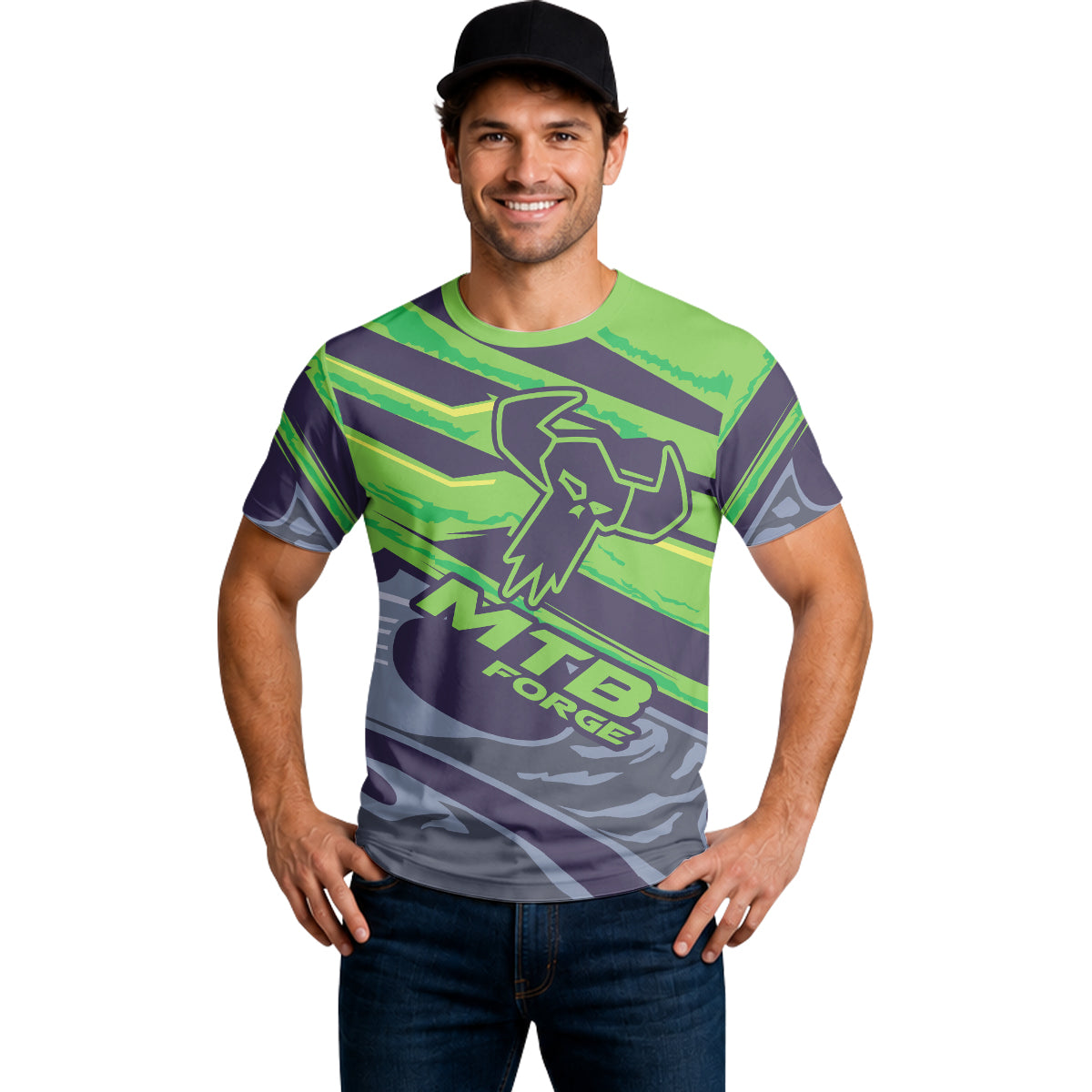 MTB Forge Green Purple Graphic Short Sleeve Mountain Bike Jersey – Lifestyle View
