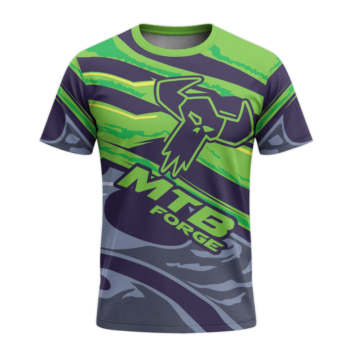 MTB Forge Green Purple Graphic Short Sleeve Mountain Bike Jersey – Front View Mockup