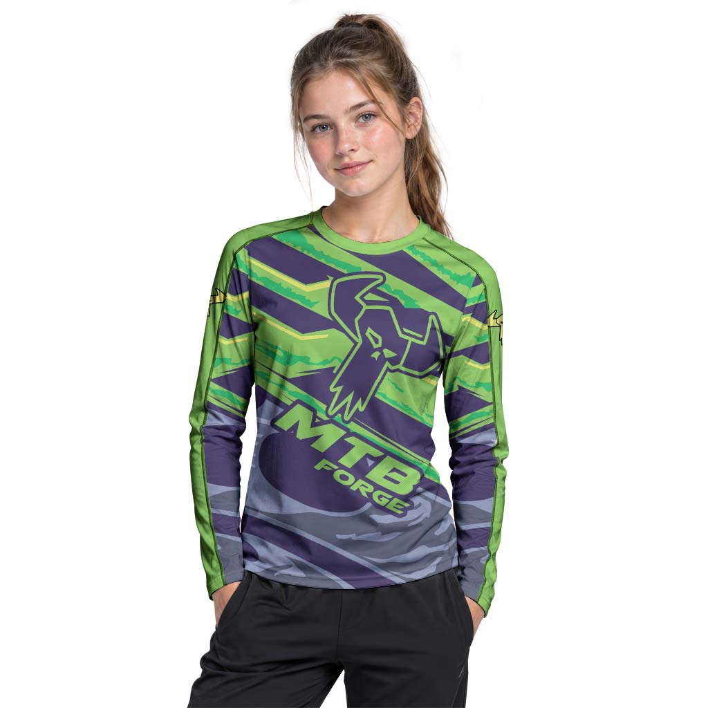 MTB Forge Green Purple Graphic Youth Long Sleeve Mountain Bike Jersey – Girl Lifestyle View