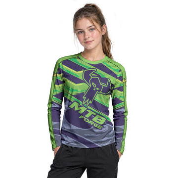 MTB Forge Green Purple Graphic Youth Long Sleeve Mountain Bike Jersey – Girl Lifestyle View