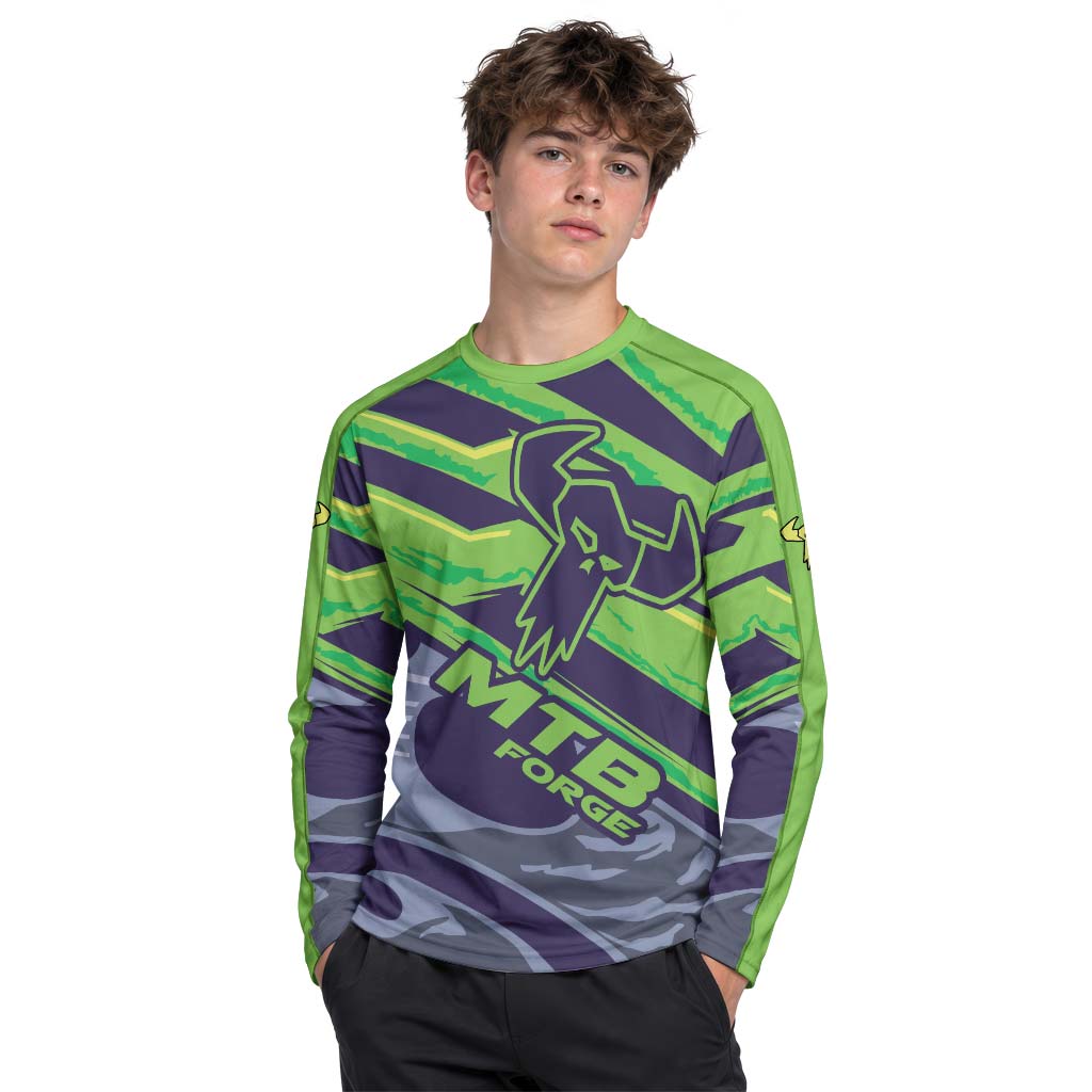 MTB Forge Green Purple Graphic Youth Long Sleeve Mountain Bike Jersey – Boy Lifestyle View