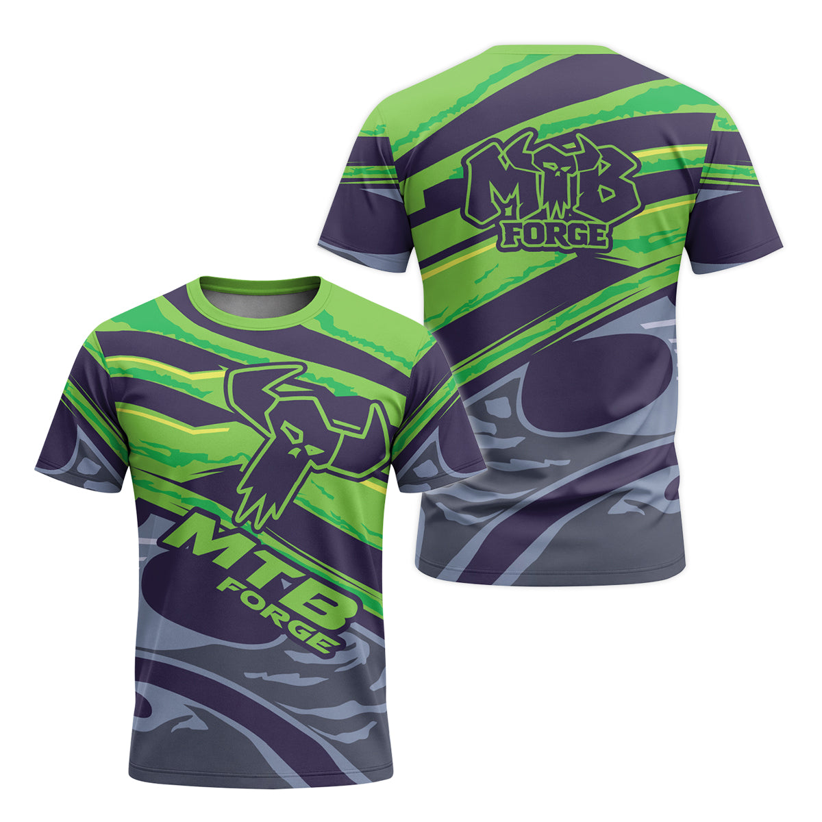MTB Forge Green Purple Graphic Youth Short Sleeve Mountain Bike Jersey – Front and Back View