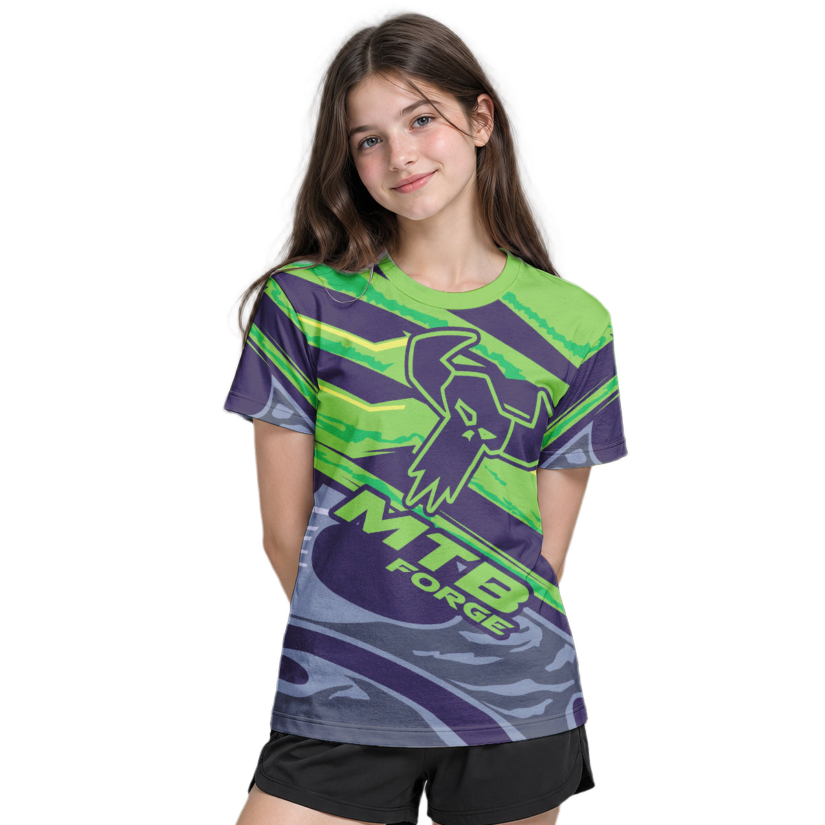 MTB Forge Green Purple Graphic Youth Short Sleeve Mountain Bike Jersey – Girl Lifestyle View