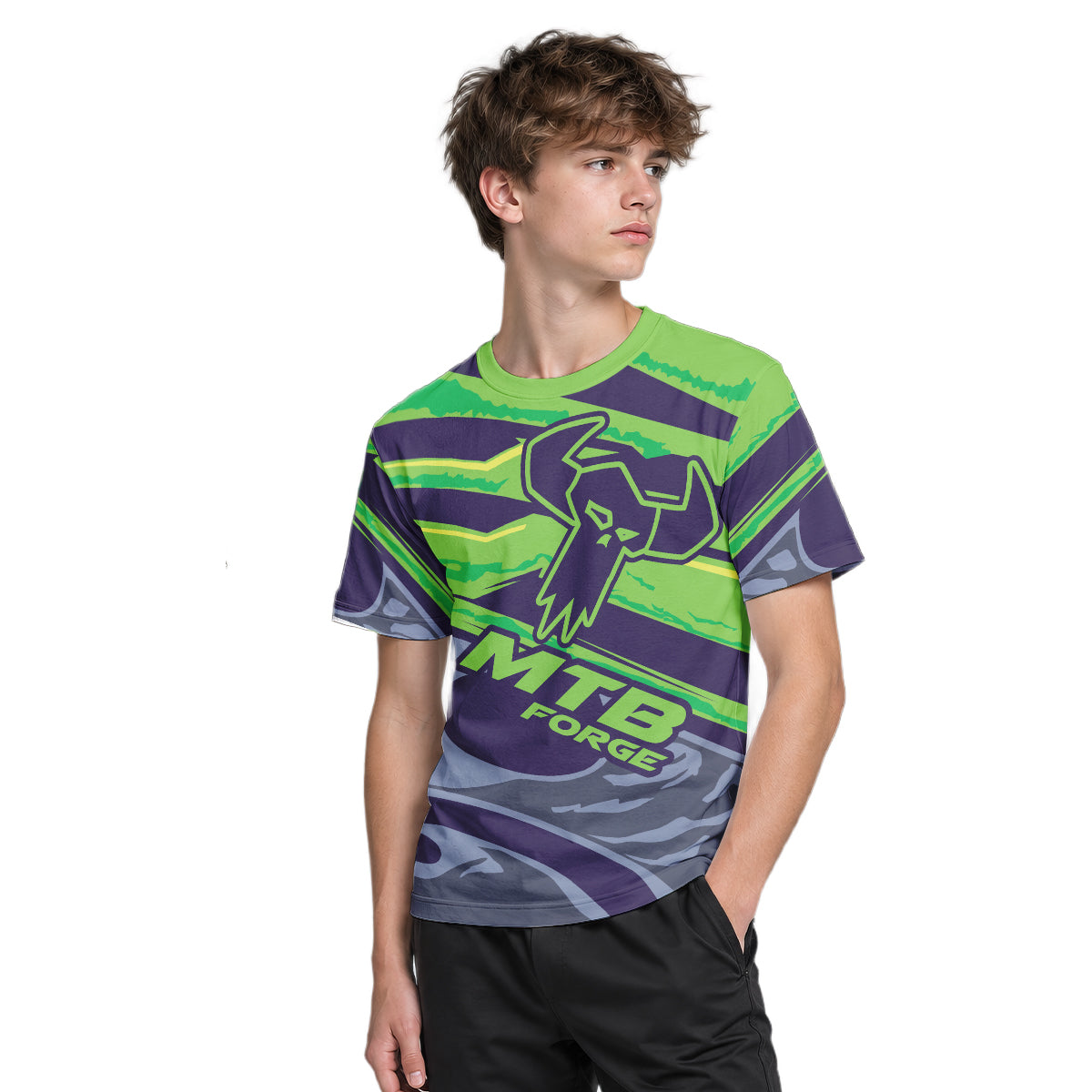 MTB Forge Green Purple Graphic Youth Short Sleeve Mountain Bike Jersey – Boy Lifestyle View