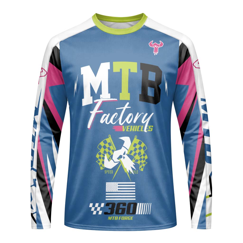 MTB Forge Hellfire 74 Blue Lime Factory Long Sleeve Mountain Bike Jersey – Front View Mockup
