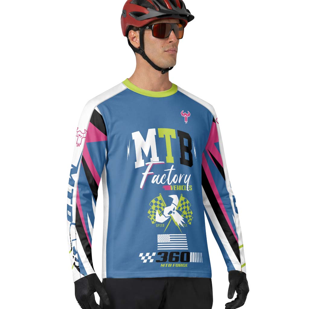MTB Forge Hellfire 74 Blue Lime Factory Long Sleeve Mountain Bike Jersey – Lifestyle View
