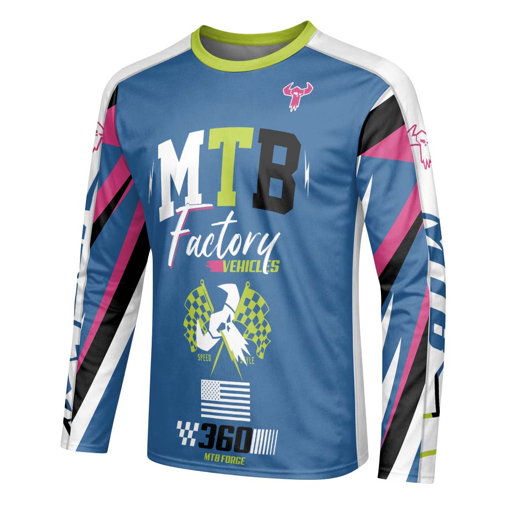 MTB Forge Hellfire 74 Blue Lime Factory Long Sleeve Mountain Bike Jersey – Left Side View Mockup
