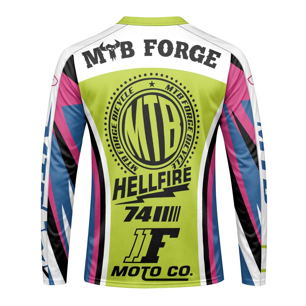 MTB Forge Hellfire 74 Blue Lime Factory Long Sleeve Mountain Bike Jersey – Back View Mockup