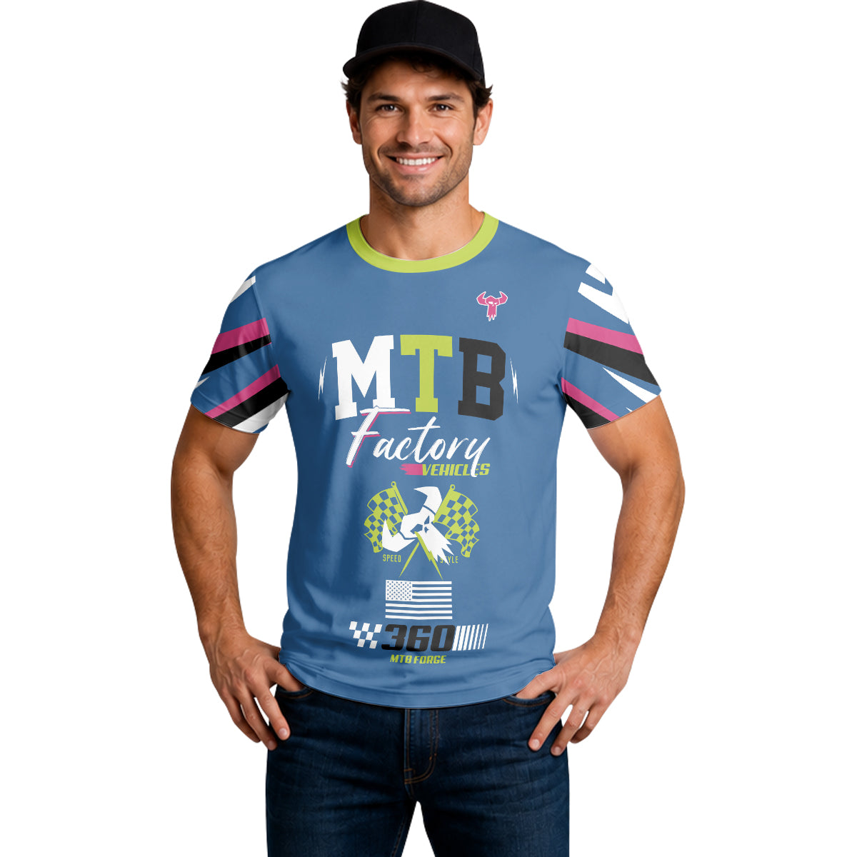 MTB Forge Hellfire 74 Blue Lime Factory Short Sleeve Mountain Bike Jersey – Lifestyle View