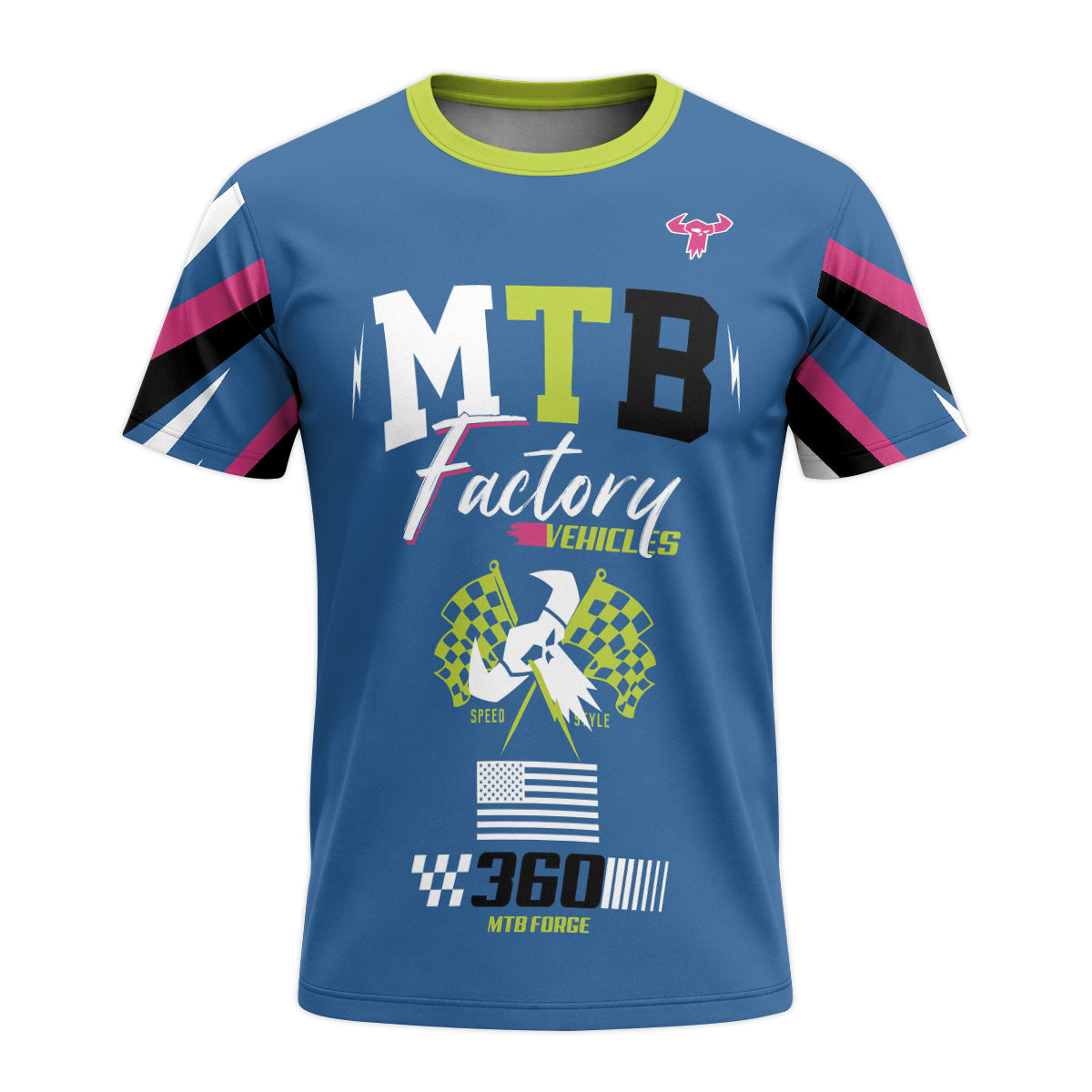 MTB Forge Hellfire 74 Blue Lime Factory Short Sleeve Mountain Bike Jersey – Front View Mockup
