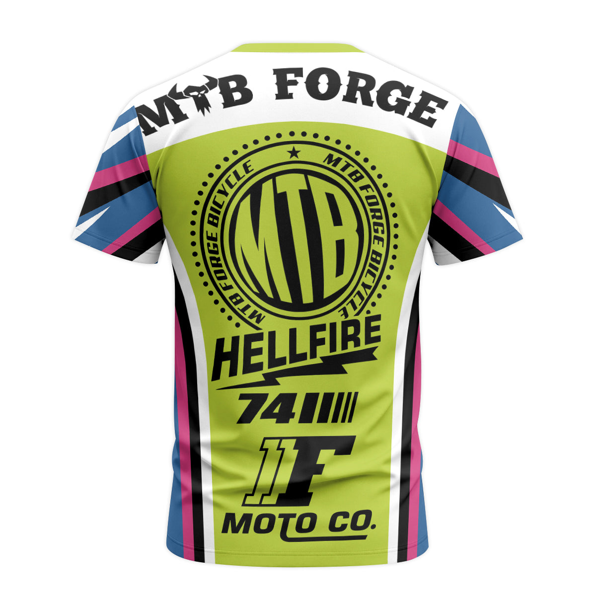 MTB Forge Hellfire 74 Blue Lime Factory Short Sleeve Mountain Bike Jersey – Back View Mockup