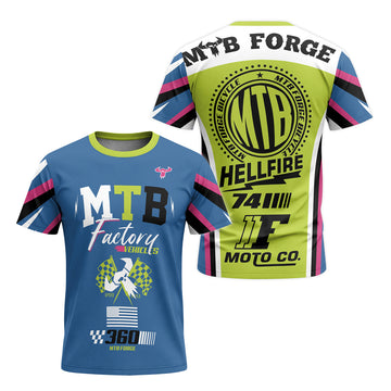 MTB Forge Hellfire 74 Blue Lime Factory Short Sleeve Mountain Bike Jersey – Front and Back View