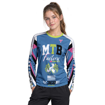 MTB Forge Hellfire 74 Blue Lime Factory Youth Long Sleeve Mountain Bike Jersey – Girl Lifestyle View