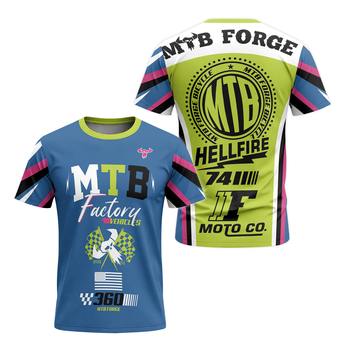 MTB Forge Hellfire 74 Blue Lime Factory Youth Short Sleeve Mountain Bike Jersey – Front and Back View