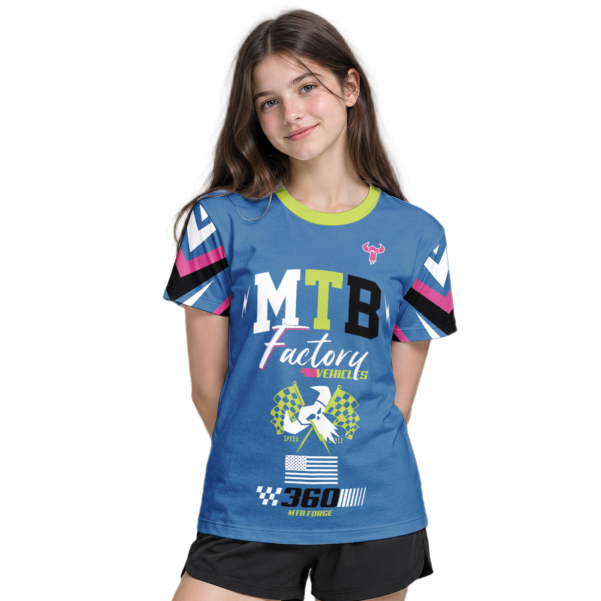MTB Forge Hellfire 74 Blue Lime Factory Youth Short Sleeve Mountain Bike Jersey – Girl Lifestyle View