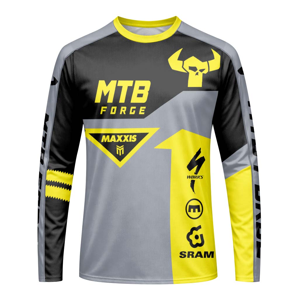 MTB Forge Maxxis Yellow Gray Long Sleeve Mountain Bike Jersey – Front View Mockup