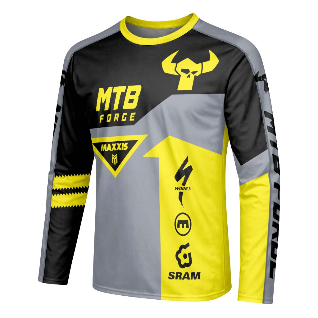 MTB Forge Maxxis Yellow Gray Long Sleeve Mountain Bike Jersey – Left Side View Mockup
