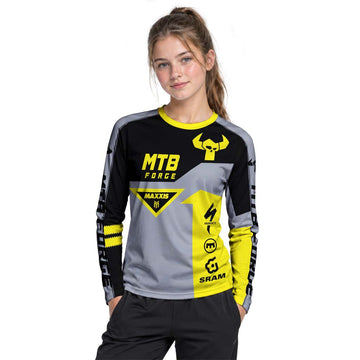 MTB Forge Maxxis Yellow Gray Youth Long Sleeve Mountain Bike Jersey – Girl Lifestyle View