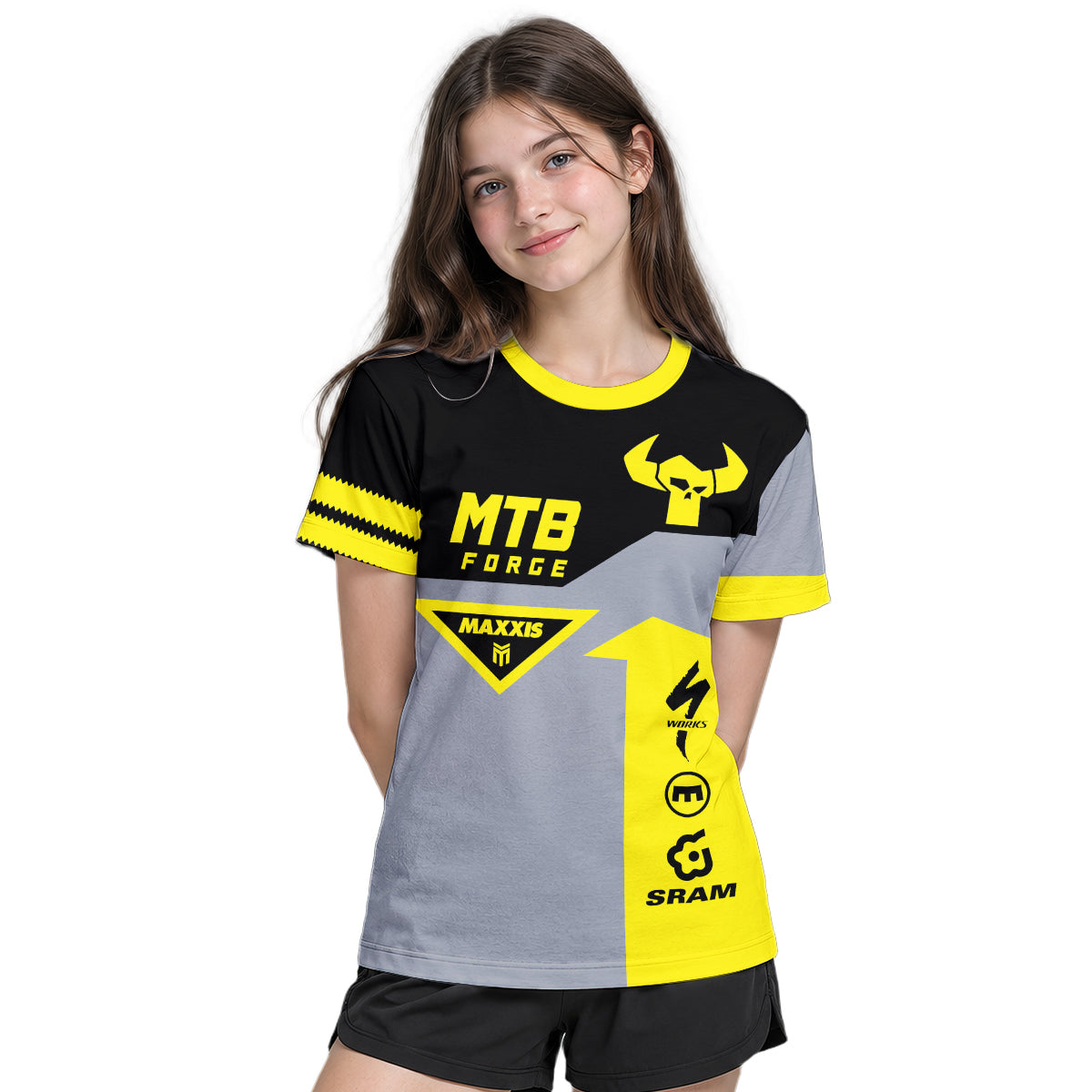 MTB Forge Maxxis Yellow Gray Youth Short Sleeve Mountain Bike Jersey – Girl Lifestyle View