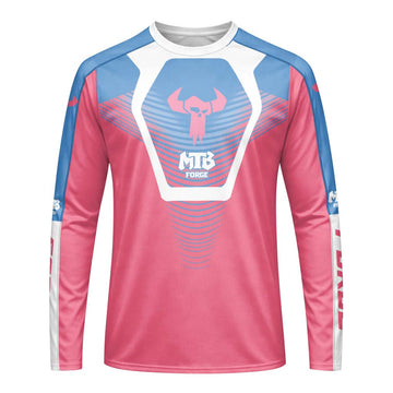 MTB Forge Pink Blue Geometric Long Sleeve Mountain Bike Jersey – Front View Mockup