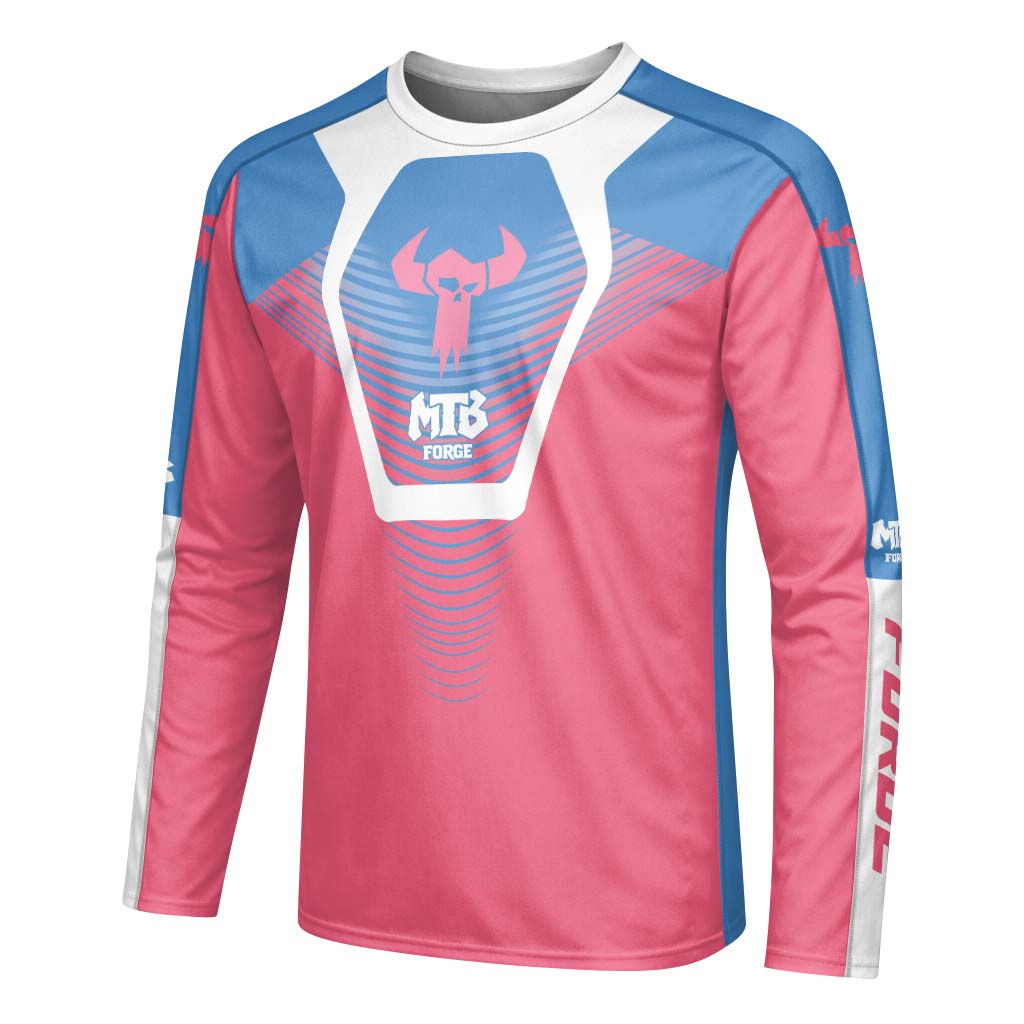 MTB Forge Pink Blue Geometric Long Sleeve Mountain Bike Jersey – Left Side View Mockup