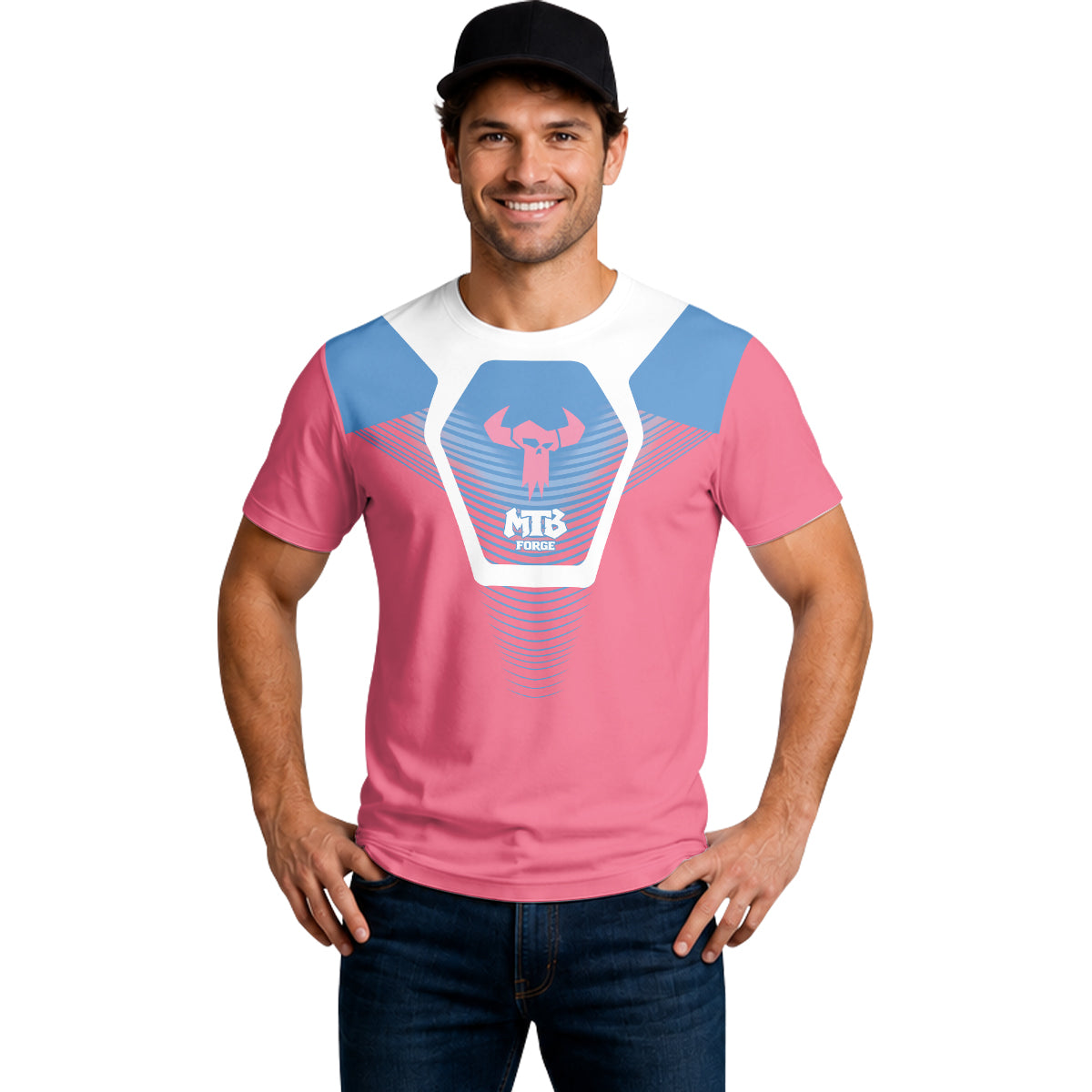MTB Forge Pink Blue Geometric Short Sleeve Mountain Bike Jersey – Lifestyle View