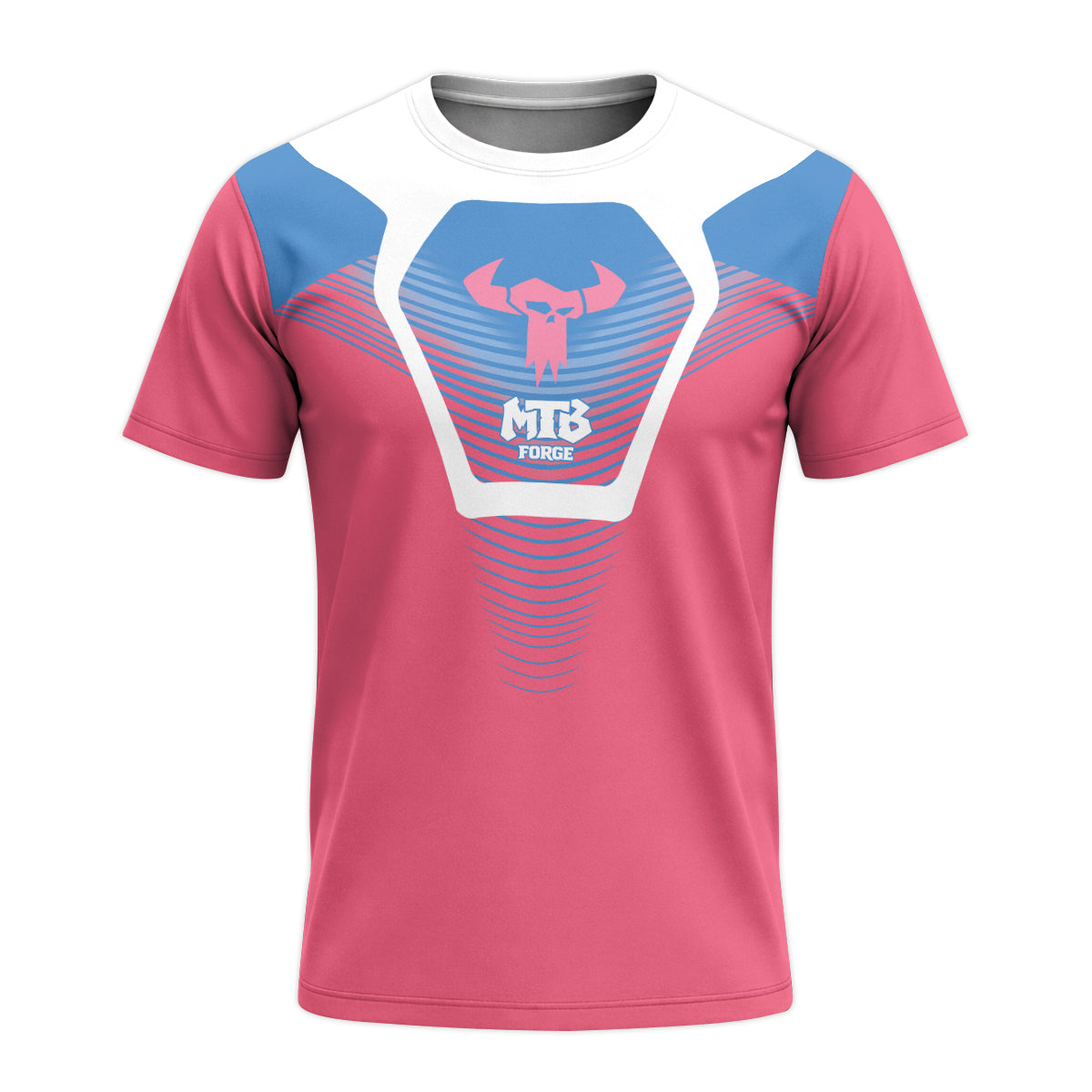 MTB Forge Pink Blue Geometric Short Sleeve Mountain Bike Jersey – Front View Mockup