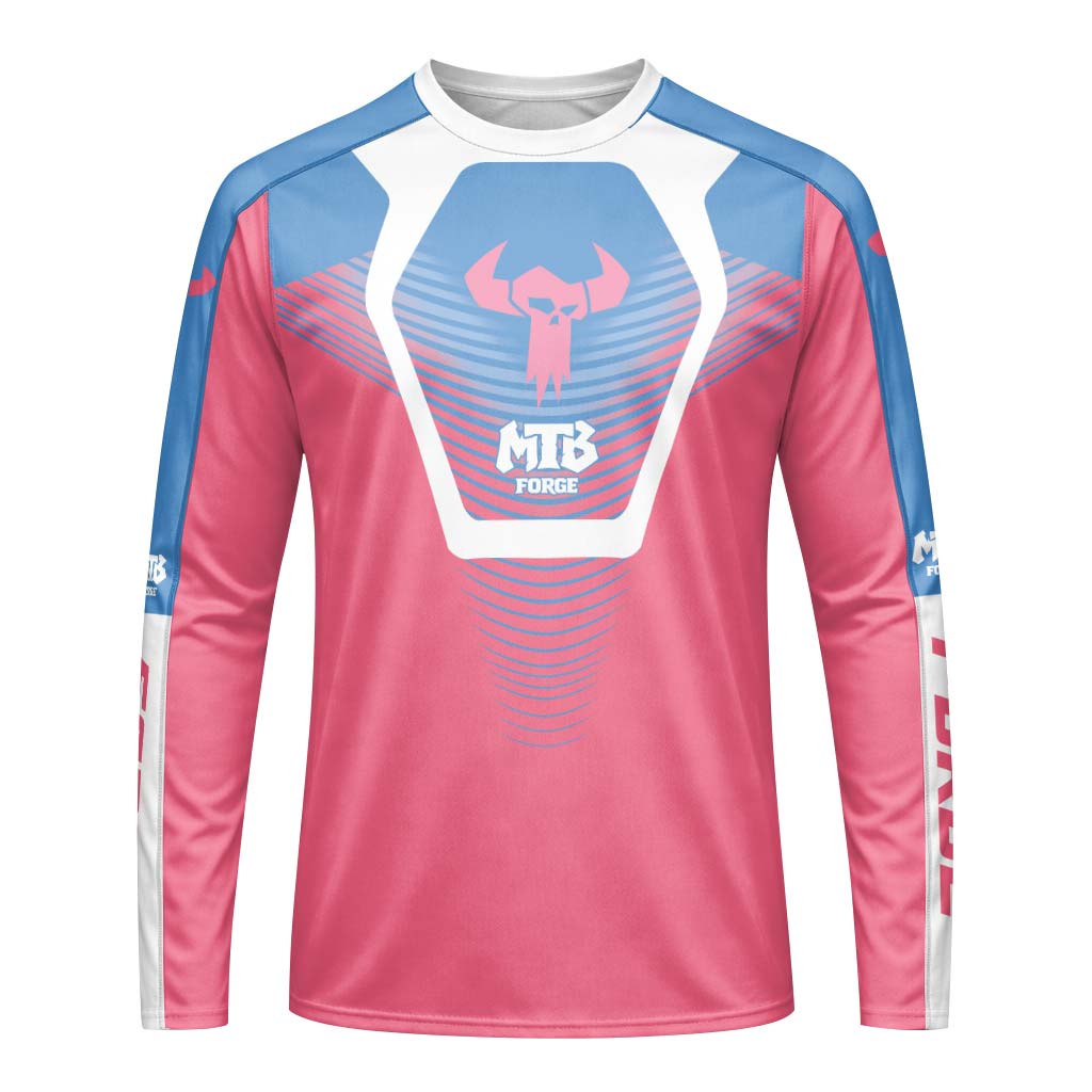 MTB Forge Pink Blue Geometric Youth Long Sleeve Mountain Bike Jersey – Front View Mockup