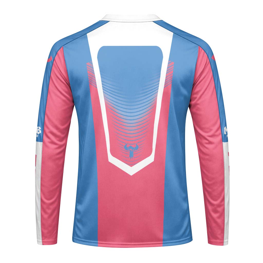 MTB Forge Pink Blue Geometric Youth Long Sleeve Mountain Bike Jersey – Back View Mockup