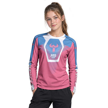 MTB Forge Pink Blue Geometric Youth Long Sleeve Mountain Bike Jersey – Girl Lifestyle View