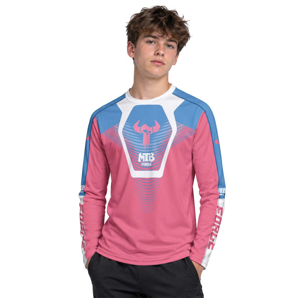 MTB Forge Pink Blue Geometric Youth Long Sleeve Mountain Bike Jersey – Boy Lifestyle View