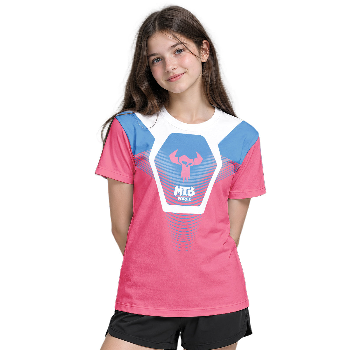 MTB Forge Pink Blue Geometric Youth Short Sleeve Mountain Bike Jersey – Girl Lifestyle View