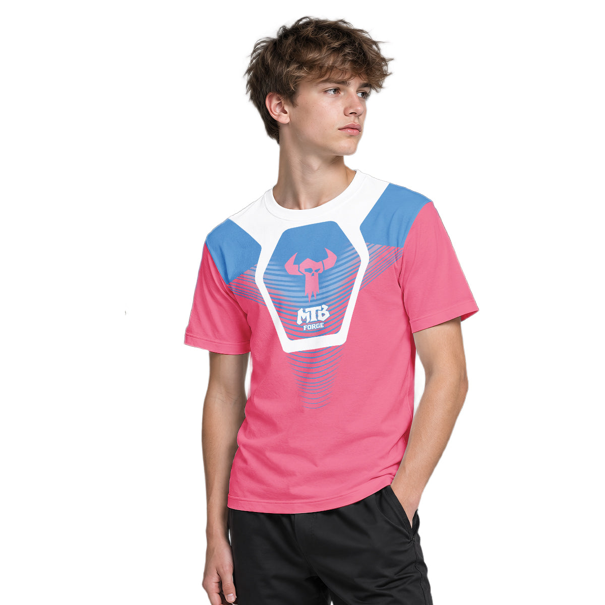 MTB Forge Pink Blue Geometric Youth Short Sleeve Mountain Bike Jersey – Boy Lifestyle View