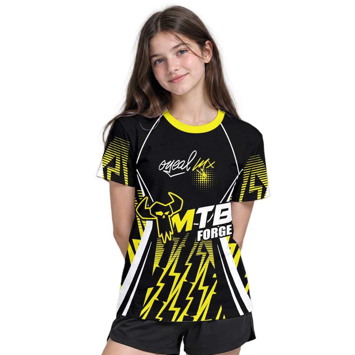 MTB Forge Racing Black Yellow Youth Short Sleeve Motocross Jersey – Girl Lifestyle View