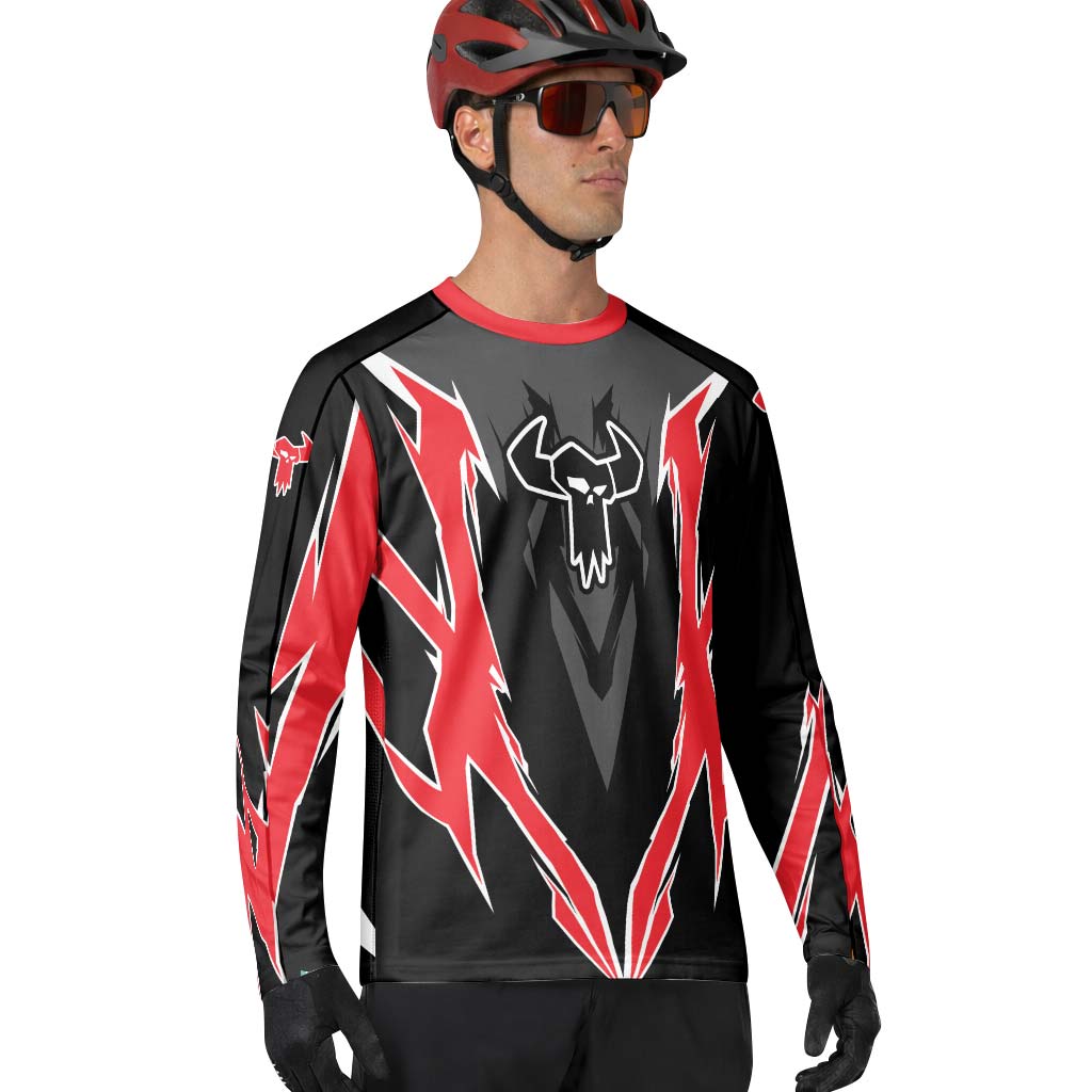 MTB Forge Red Black Aggressive Graphic Long Sleeve Mountain Bike Jersey – Lifestyle View