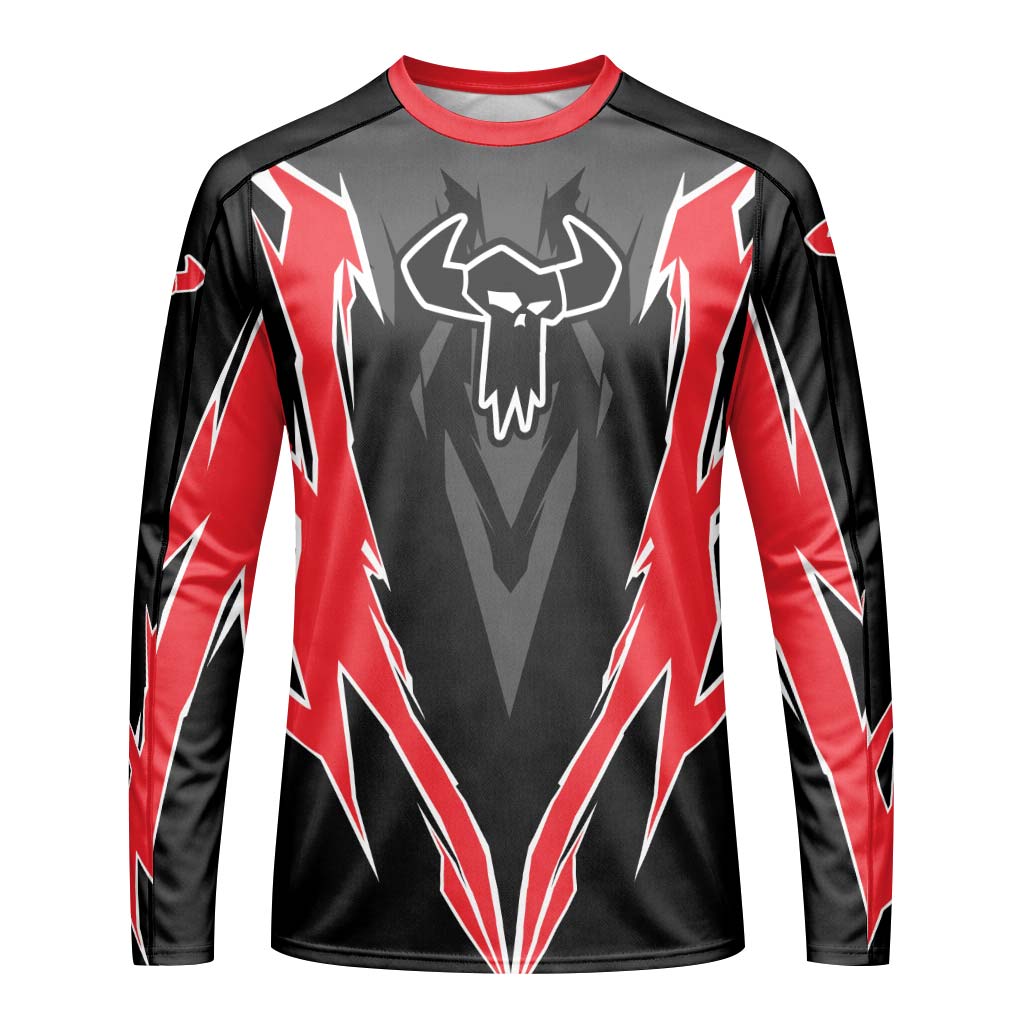 MTB Forge Red Black Aggressive Graphic Youth Long Sleeve Mountain Bike Jersey – Front View Mockup